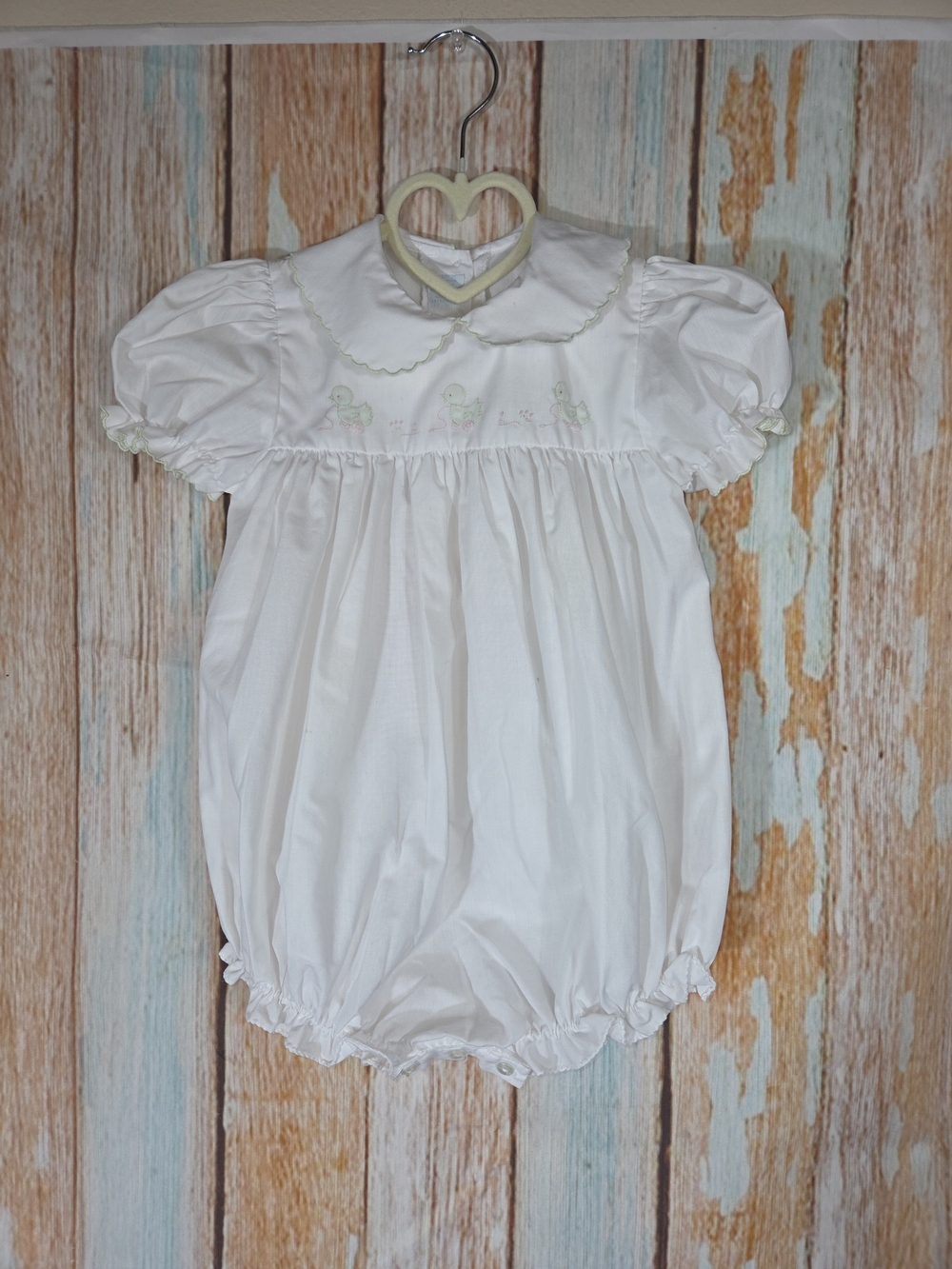 Auraluz White Baby Bubble Romper with Pale Green Trim And Embroidered Ducks. 24m
